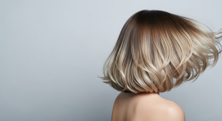 Woman with layered hair in a balayage style, showing healthy, vibrant locks in soft lighting, emphasizing hair beauty and care in a minimalist settingの素材