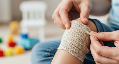 Young child sits on the floor, adjusting a bandage on their knee, surrounded by colorful toys, conveying a sense of care, healing, and childhood innocenceの素材