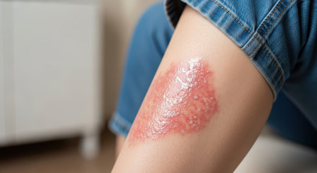 Close-up view of a woman's leg with a visible skin condition, illustrating the challenges of living with illness and its effects on mental health in a home environmentの素材