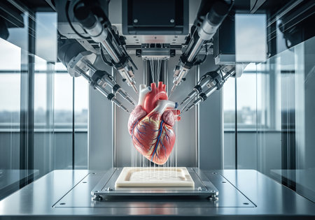 3D printer is producing a lifelike anatomical heart model, highlighting intricate details and textures, demonstrating cutting-edge technology in medical advancements and bioprintingの素材