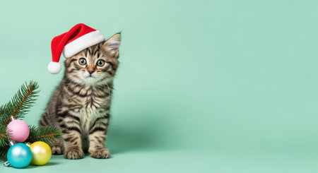 New Year. Cute tabby kitten in a Santa hat poses next to vibrant Christmas ornaments and fresh pine branches, embodying the festive atmosphere of the holiday seasonの素材