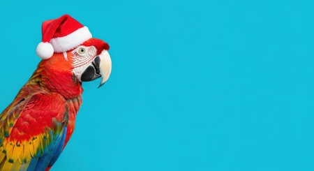 New Year. Vibrant macaw parrot adorned with a Santa hat, set against a cheerful blue backdrop, capturing the essence of holiday festivities and joyful celebrationsの素材