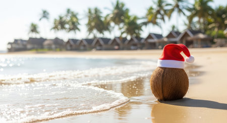 New Year. Coconut adorned with Santa hat rests on sandy beach, surrounded by palm trees and gentle waves, embodying the joyful essence of Christmas in a tropical settingの素材