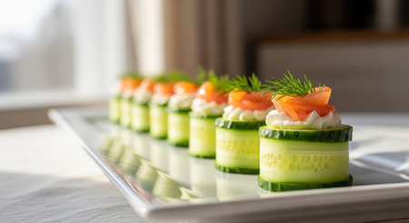 New Year. Cucumber and salmon appetizers beautifully arranged on a white platter, garnished with dill, ideal for Christmas and New Year festivities, showcasing culinary artistryの素材