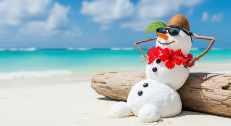 New Year. Cheerful snowman in sunglasses and a straw hat, lounging on sandy beach with ocean waves, showcasing a unique blend of winter and summer holiday vibesの素材