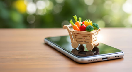 Small wooden cart with fresh vegetables sits on smartphone screen, illustrating the convenience of online grocery shopping and modern technologyの素材
