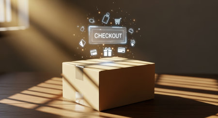 Cardboard box placed on a wooden surface, illuminated by soft light, with floating checkout icons symbolizing online shopping and e-commerce trendsの素材