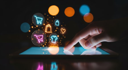A hand is touching a tablet screen filled with vibrant shopping icons, illustrating the concept of online shopping and digital retail, creating an engaging atmosphereの素材