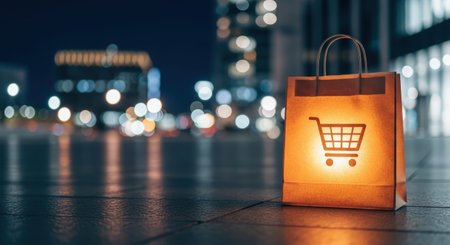 Illuminated shopping bag with cart icon sits on city street at night, surrounded by blurred lights, showing the essence of online shopping and urban retail ambianceの素材