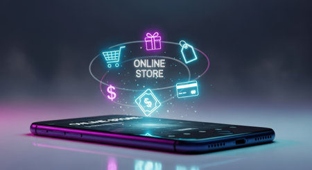 Mobile device showcases online store with vibrant icons for shopping cart, gift, and payment, creating a dynamic and engaging digital shopping atmosphereの素材