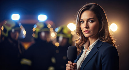 Journalist holds microphone while standing before firefighters at emergency scene, highlighting the importance of news coverage in public safety and community awarenessの素材