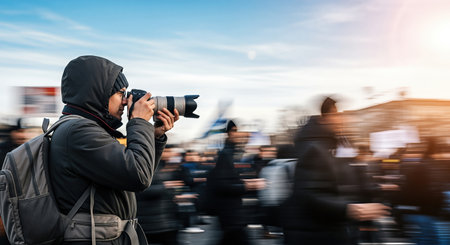 Individual focused on photographing a lively protest, with motion blur of participants and colorful signs, showing the energy of social activism and media coverageの素材