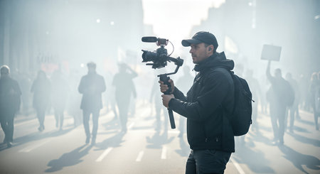 Male reporter is filming with a camera on a stabilizer amidst a crowd at a protest, showcasing the atmosphere of activism and journalism in actionの素材