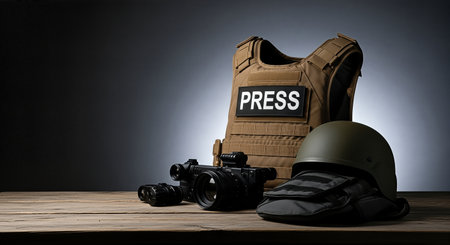 Display of essential press gear on a wooden surface, featuring a protective vest, helmet, and cameras, highlighting the importance of journalism in news coverageの素材
