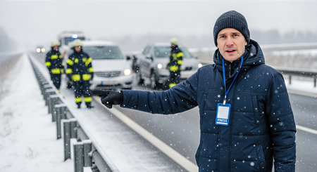 Male journalist is reporting from a snowy accident scene, pointing towards emergency responders, showing the urgency and importance of news reporting in adverse weather conditionsの素材