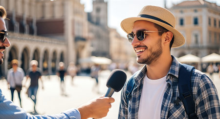 Man in sunglasses and straw hat is engaged in an interview with a journalist in a bustling outdoor area, showcasing vibrant atmosphere and urban lifeの素材