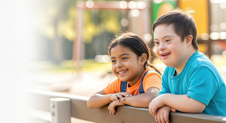 Two happy children, one with Down syndrome, are enjoying time together at a playground, leaning on a wooden fence, surrounded by vibrant play equipment and natureの素材