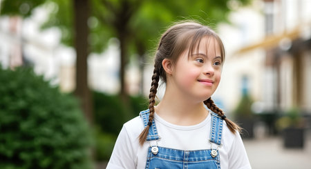 Girl with Down syndrome, dressed in denim overalls, walks happily in a lively neighborhood, surrounded by greenery and buildings, emphasizing social interaction and inclusionの素材