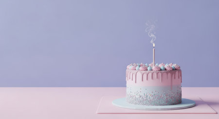 Birthday. Colorful birthday cake adorned with pink icing and a single candle, placed on a pastel surface, creating a festive atmosphere for celebrationsの素材