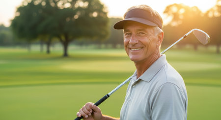 Happy senior golfer stands on vibrant green course, holding club, surrounded by trees and sunlight, reflecting joy and camaraderie in outdoor sportsの素材