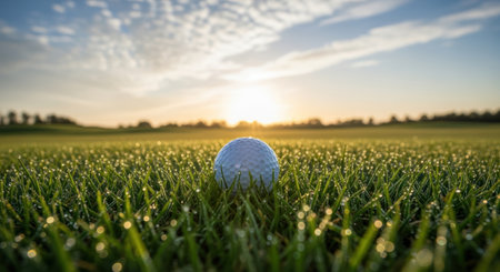 Golf ball is positioned on lush grass, glistening with morning dew, as the sun rises, casting warm light and enhancing the tranquil ambiance of the golfing experienceの素材