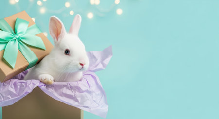 Pets. Adorable white rabbit is emerging from a gift box filled with pastel tissue paper, with soft bokeh lights in the background, evoking a joyful celebrationの素材