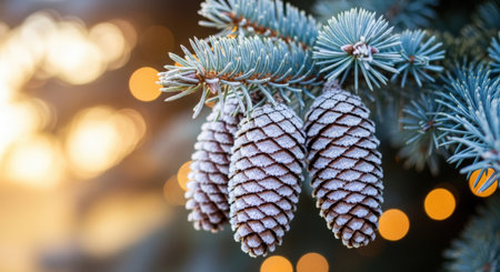 Frosted pine cones are nestled among evergreen branches, with warm bokeh lights creating a magical winter ambiance, showing nature's beauty during the holiday seasonの素材
