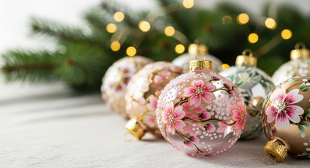 Beautifully designed Christmas ornaments with floral patterns are placed on a white surface, complemented by evergreen branches and twinkling lights, enhancing the holiday spiritの素材