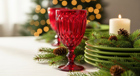 Red crystal goblets are beautifully arranged on a winter table, surrounded by evergreen branches and pinecones, evoking a cozy holiday ambianceの素材