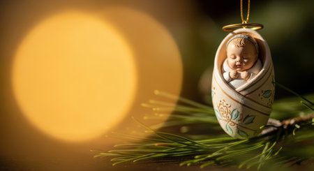 New Year. Beautifully crafted Christmas ornament features a serene baby wrapped in a blanket, suspended from a pine branch, with warm glowing lights enhancing the holiday spiritの素材
