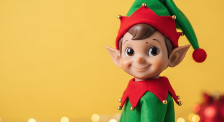 New Year. Playful elf figurine dressed in vibrant green and red, featuring jingle bells, set against a cheerful yellow backdrop, capturing the essence of holiday joy and festivitiesの素材