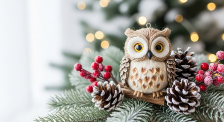 New Year. Charming owl ornament crafted from natural materials, resting on lush greenery with pine cones and red berries, embodying the spirit of Christmas and New Year celebrationsの素材