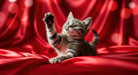 Pets. Tabby kitten playfully extends paw on rich red satin fabric, creating a lively scene filled with color and texture, perfect for pet lovers and cat enthusiastsの素材