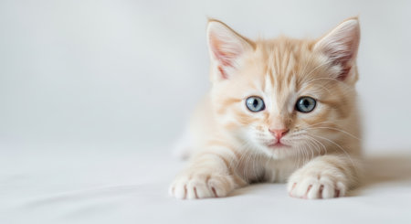 Pets. Adorable orange kitten with bright blue eyes is stretching playfully on a soft white surface, highlighting its fluffy fur and charming personalityの素材