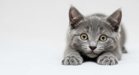 Pets. Playful gray kitten with bright yellow eyes is crouching on a soft white surface, displaying curiosity and charm in a cozy indoor settingの素材