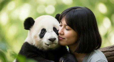 Pets. Woman shares a tender moment with a panda in a vibrant green habitat, highlighting the connection between humans and animals in a peaceful atmosphereの素材