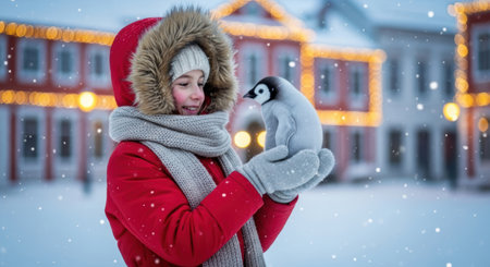 Pets. Girl in a cozy red coat, joyfully holding a plush penguin in a snowy setting, with twinkling lights in the background, evoking a festive winter moodの素材
