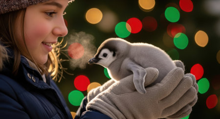 Pets. Girl in cozy winter clothing cradle a cute penguin chick, with vibrant bokeh lights creating a festive atmosphere, showcasing the bond between child and animalの素材