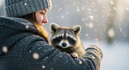 Pets. Woman in gray jacket holds raccoon close, surrounded by falling snowflakes, creating a warm and intimate moment in a serene winter landscapeの素材