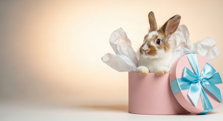 Pets. Cute rabbit is nestled in a pink gift box with white tissue paper, exuding a joyful vibe perfect for celebrations and adding charm to festive momentsの素材