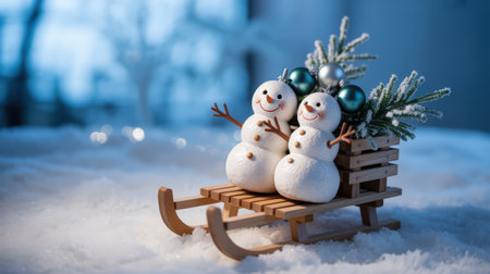 New Year. Two joyful snowmen are placed on a wooden sleigh adorned with pine branches and ornaments, set against a snowy backdrop, capturing festive holiday cheerの素材