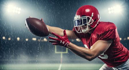 American football. Football athlete in red gear is catching a ball on a rainy field, illuminated by stadium lights, highlighting the intensity of the game atmosphereの素材