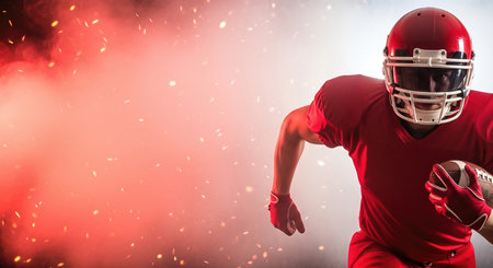American football. Football athlete in red gear is sprinting with ball, surrounded by vibrant lighting effects and a smoky background, capturing the essence of competition and excitementの素材