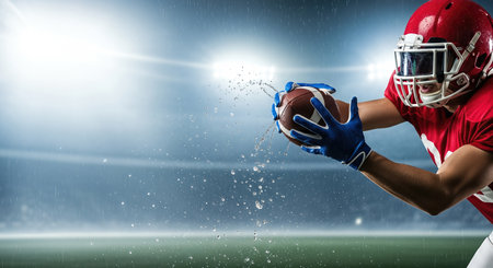 American football. Football player in red gear is catching a wet ball under bright stadium lights, highlighting action and intensity in a competitive sports atmosphereの素材