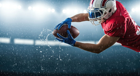 American football. Football player in red uniform leaps to catch a football in the rain, demonstrating skill and focus in an intense athletic environmentの素材