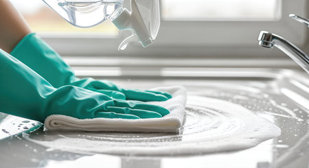 Hands in green gloves are wiping a kitchen countertop with a cloth, demonstrating the cleaning process using household chemicals for a tidy and hygienic environmentの素材