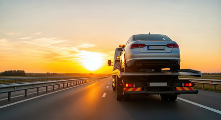 Silver car is being transported on a tow truck along a highway at sunset, with a beautiful sky and open road, emphasizing the transport theme and safetyの素材