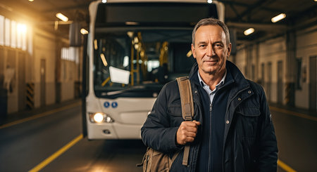 Male bus driver poses in front of a public transport vehicle, highlighting commitment to safety and service in a well-lit garage environmentの素材