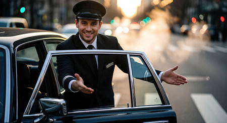 Friendly taxi driver in formal attire welcomes passenger by opening car door, set against bustling city streets and warm sunlight, highlighting urban transportation experienceの素材