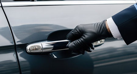 Professional taxi driver, dressed in formal attire with black gloves, is opening the door of a stylish gray taxi, highlighting urban transportation and service qualityの素材